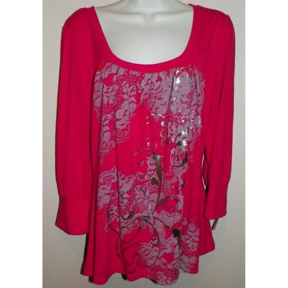 Womens XL Ransom Clothing Silver Metallic Pink Tunic Top 3/4 Sleeves